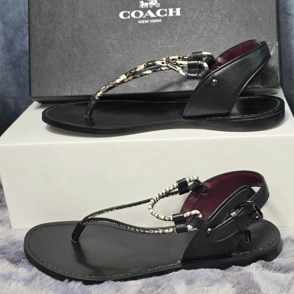 NWB Coach Clarkson Flat Strappy Thong Sandals in Black & White Buckle SZ 8 - Picture 1 of 9